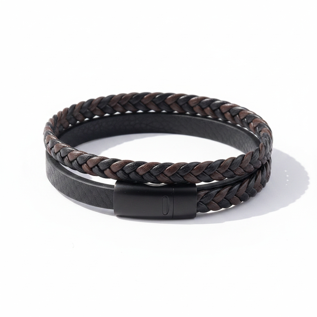 Gevlochten leren armband heren witte achtergrond